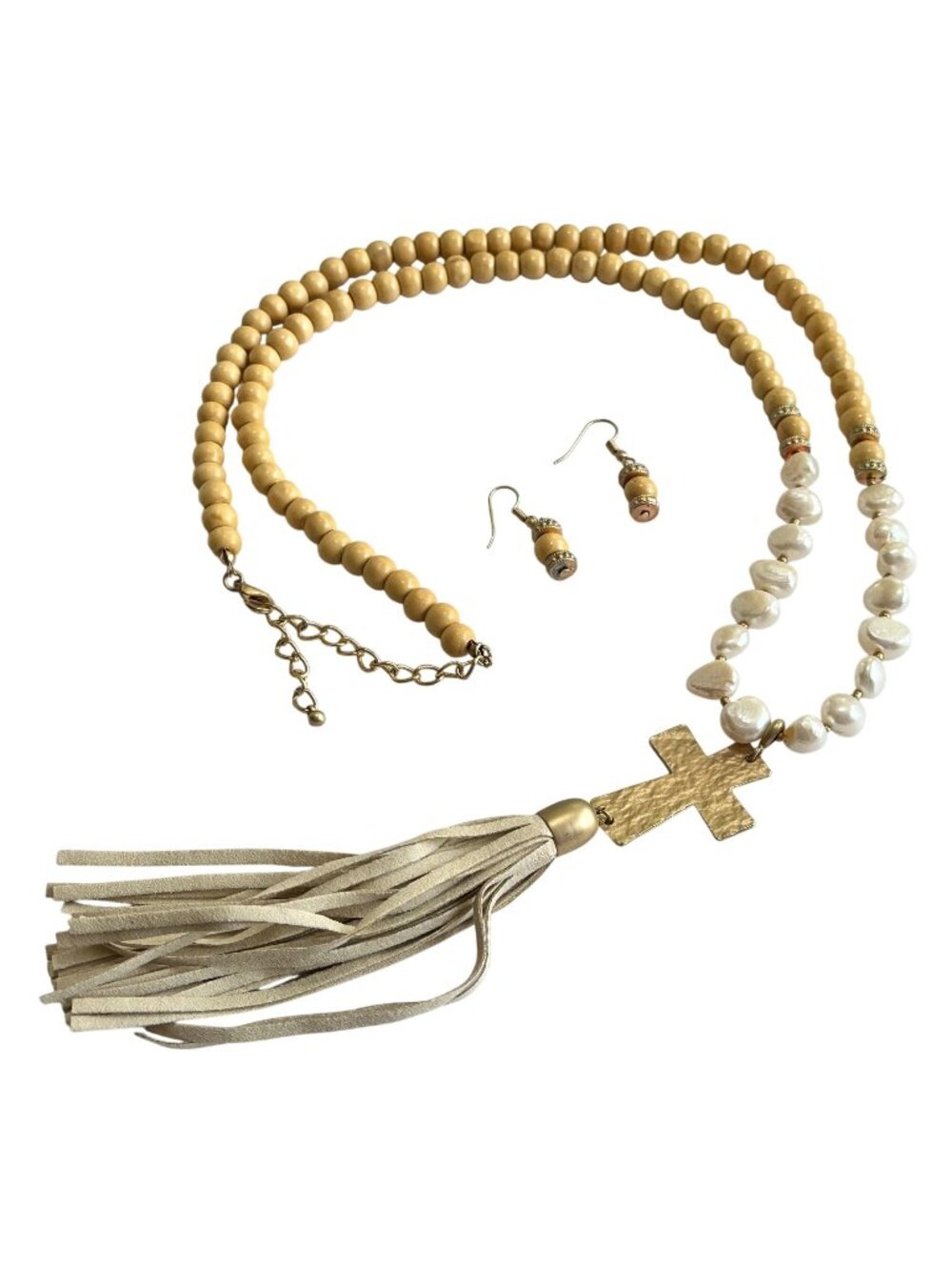 Long Pearl & Wood Bead Cross Tassel Necklace Earrings Set Gold Tone